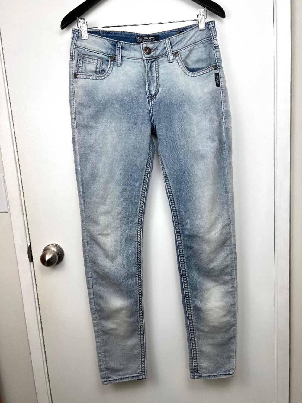 Silver Suki Joga Sweatpants Comfort Jeans Sz 30 Faded Patch Blue Multi Stretch